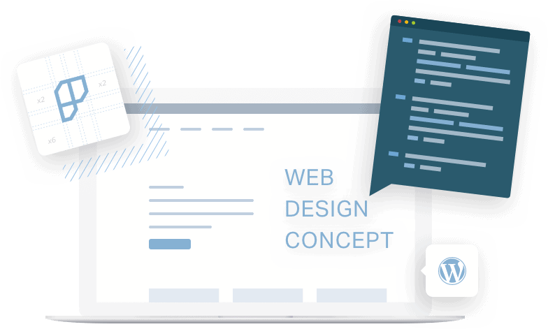 Prostyle Web Design illustration of laptop with wordpress logo, charts, and other content